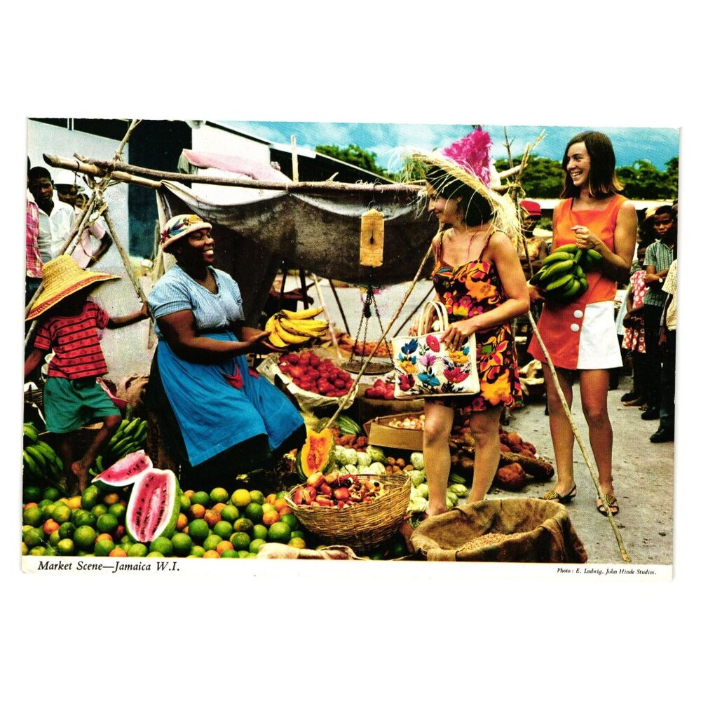 Jamaica Market Scene Vintage Postcard John Hinde Fruit Stand Exotic Travel Art